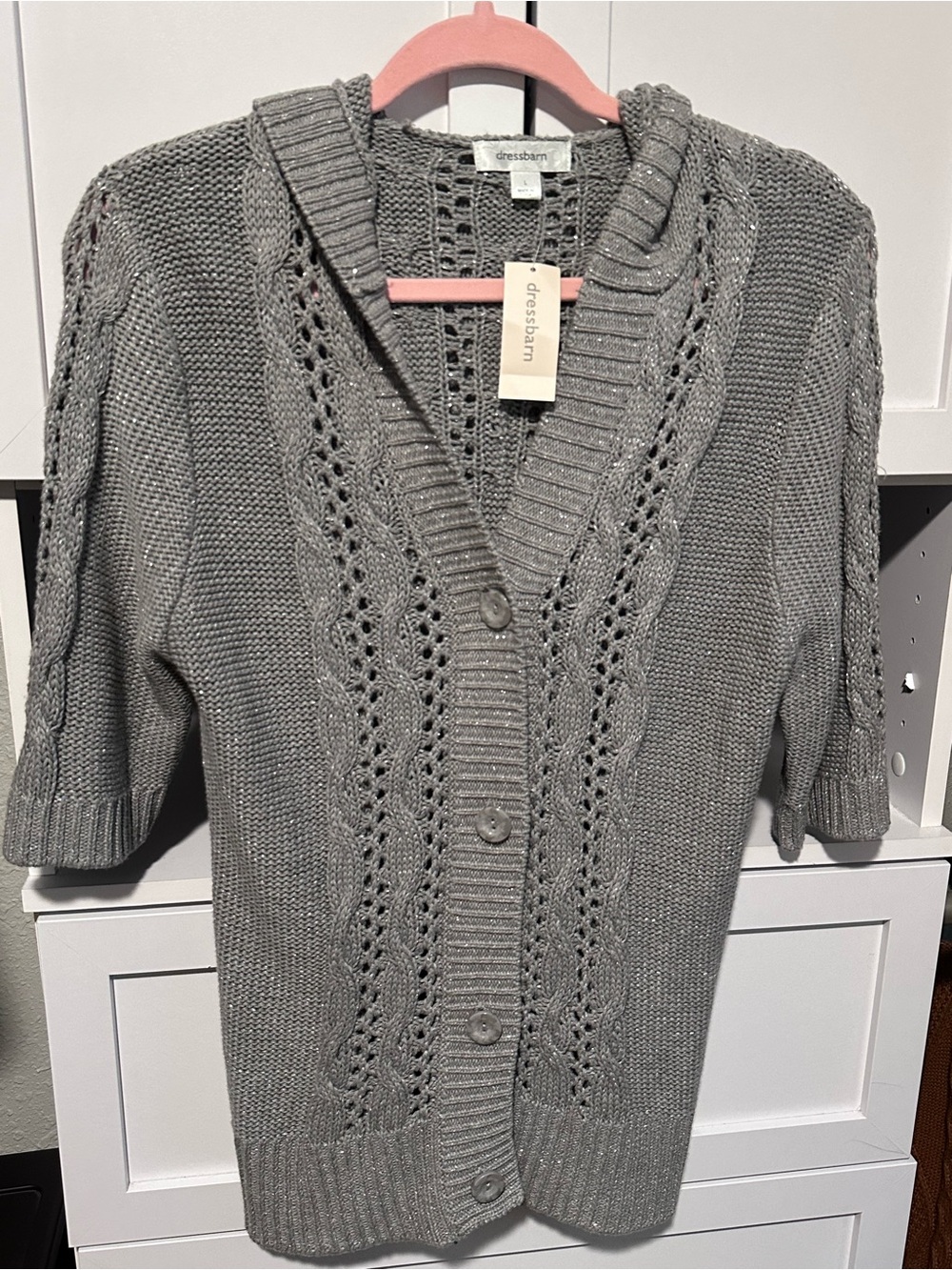 NWT Dressbarn Gray Metallic Cable Knit Hooded Cardigan Sweater Women’s L